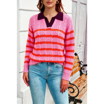 Women Contrast Polo Collar Striped Cable Knit Sweater