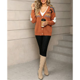Halloween Ghost Pattern Knit Cardigan V‑Neck Button Down Aztec Print Loose Sweater