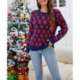Women Apple Jacquard Crew Neck Knit Sweater