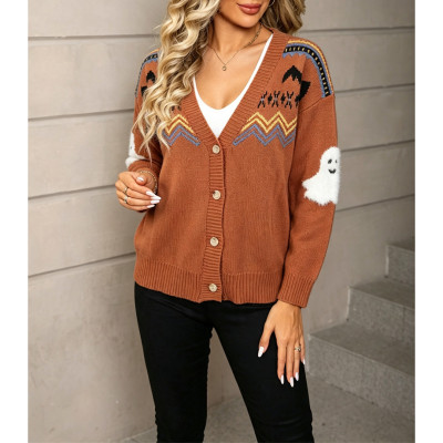 Halloween Ghost Pattern Knit Cardigan V‑Neck Button Down Aztec Print Loose Sweater