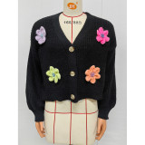 Crochet Floral Knit V‑Neck Button Down Long Sleeve Cardigan