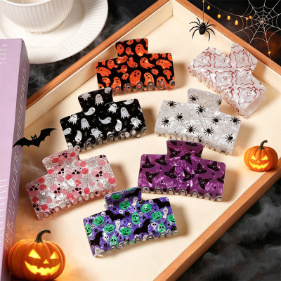 Halloween Print Hair Claw Clip Ghost Pumpkin Bat Pattern Large Acrylic Jaw Clamp