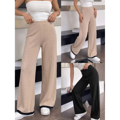 High Waist Contrast Hem Knit Wide Leg Pants