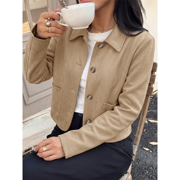 Suede Cropped Jacket Lapel Collar Button Down Casual Short Coat With Pockets