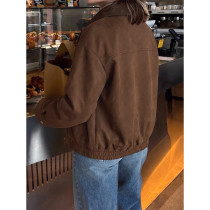 Vintage Women Suede Bomber Jacket Corduroy Collar Zip‑Up Oversized Fall Coat