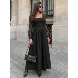 Women Elegant Square Neck Lace Sleeve Maxi Dress
