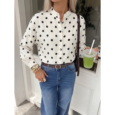Polka Dot Stand Collar Casual Blouse