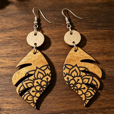 Boho Mandala Monstera Leaf Laser Engraved Wooden Dangle Earrings