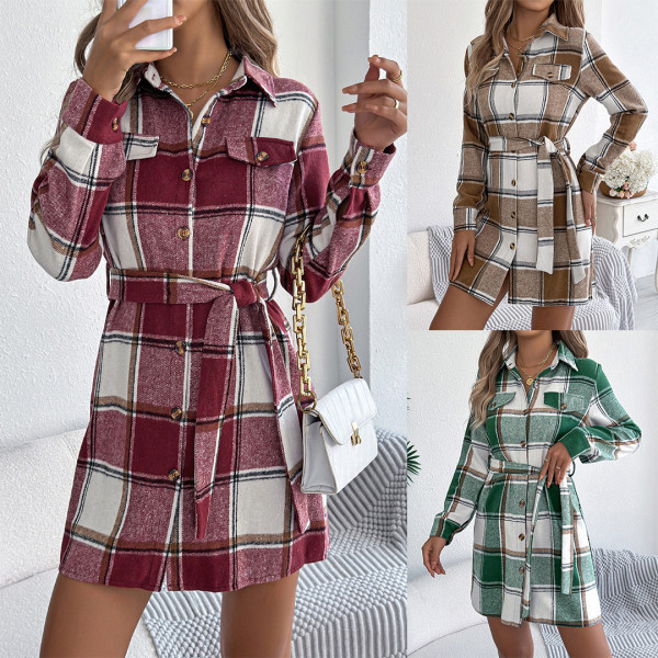 Women Plaid Shirt Dress Lapel Collar Long Sleeve Button Down Mini Dress with Waist Belt