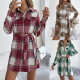Women Plaid Shirt Dress Lapel Collar Long Sleeve Button Down Mini Dress with Waist Belt