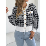 Women Plaid Cropped Knit Cardigan
