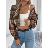Cropped Plaid Shacket Long Sleeve Button‑Down Flannel Crop Jacket