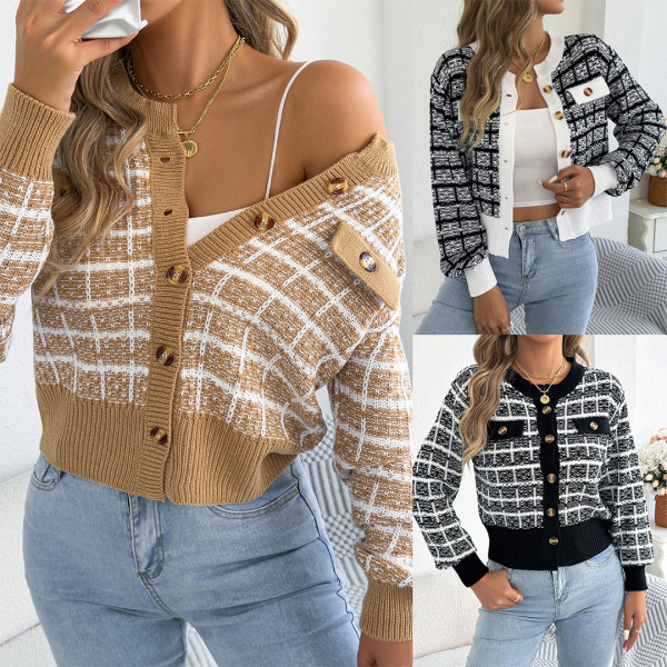 Women Plaid Cropped Knit Cardigan