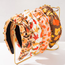 Thanksgiving Autumn Knotted Headband Maple Leaf Turkey Print Rhinestone Fall Hair Band