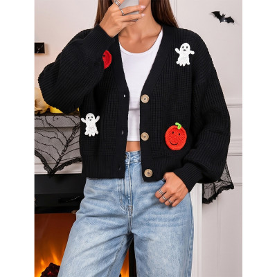 Halloween Ghost Pumpkin Crochet Patch Cropped Cardigan