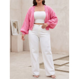 Women Open‑Front Puff Sleeve Cropped Knit Cardigan