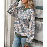 Camo Print Mock V‑Neck Sweatshirt Long Sleeve Drop‑Shoulder Loose Casual Pullover Top