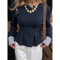 Women Navy Peplum Blouse Contrast Striped Cuffs Long Sleeve Fitted Top