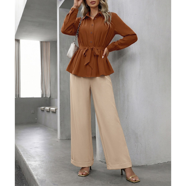 2 Piece Matching Outfit Collared Belted Peplum Blouse High Waist Wide Leg Pants Suit Set