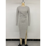 Twist Waist Ribbed Knit Slit Midi Dress