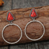 Western Red Turquoise Triangle Stone Dangle Hoop Earrings