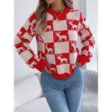 Christmas Reindeer Checkered Knit Sweater