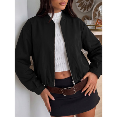 Women Cropped Zip‑Up Bomber Jacket Loose Casual Short Outerwear