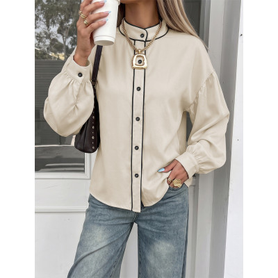 Women Contrast Trim Stand Collar Blouse