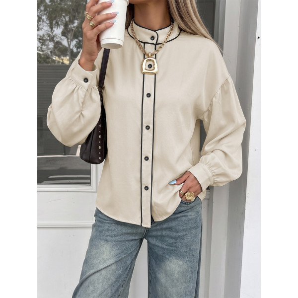 Women Contrast Trim Stand Collar Blouse