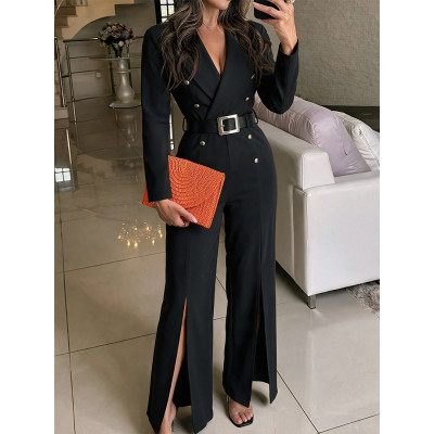 Women Black Lapel V‑Neck Belted Split Flared Leg Formal Jumpsuit