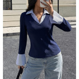 Women Fake Two‑Piece Striped Collar Flared Cuff V‑Neck Slim Office Top