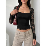Black Square Neck Sheer Floral Lace Long Sleeve Slim Crop Top