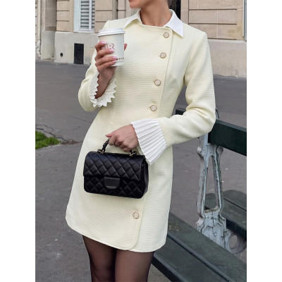 Tweed Mini Dress Women Faux Collar Pleated Flare Cuff Gold Button Long Sleeve Work Dress