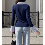 Women Fake Two‑Piece Striped Collar Flared Cuff V‑Neck Slim Office Top