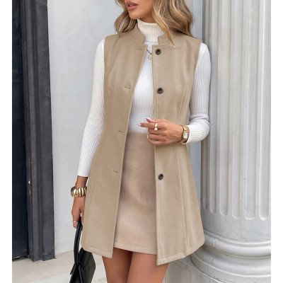 Mid‑Length Sleeveless Vest Stand Collar Fall Casual Waistcoat