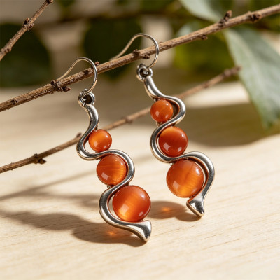 Boho Spiral Orange Stone Dangle Hook Earrings