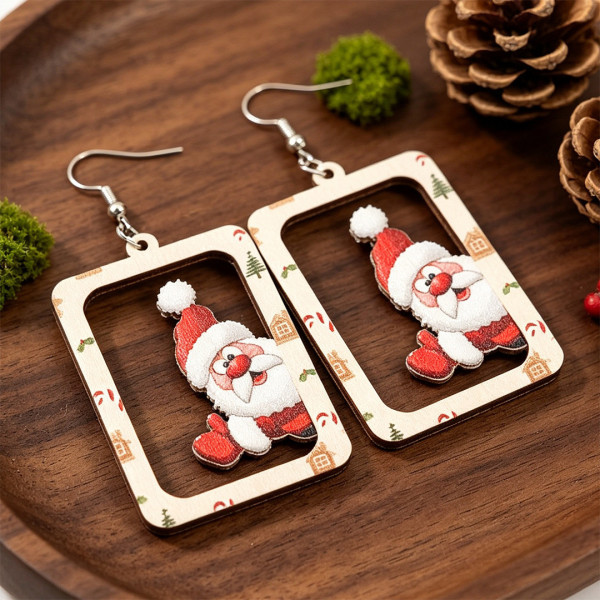 Christmas Santa Wooden Dangle Earrings