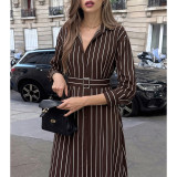 Women Belted Striped Shirt Midi Dress