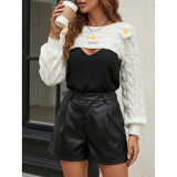 3D Daisy Flower Cable Knit Cropped Shrug Long Puff Sleeve Layering Sweater Top