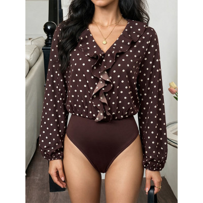 Women V‑Neck Ruffle Polka Dot Bodysuit