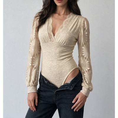 Women Floral Lace Sleeve V Neck Bodysuit
