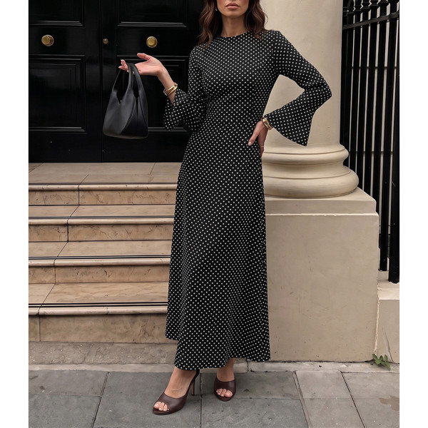 Polka Dot Flare Sleeve Slim Maxi Dress