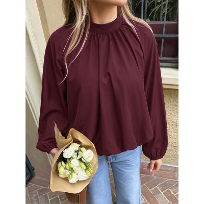 Mock Neck Puff Long Sleeve Loose Blouse