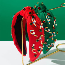 Christmas Candy Cane Pearl Rhinestone Knotted Headband