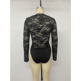 Long Sleeve V‑Neck Bow Lace Slim Bodysuit
