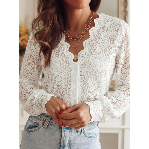 Women Scallop V Neck Long Sleeve Button Lace Top