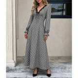 Women Lace Trim Tie Front Gingham Long Sleeve Maxi Dress