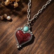 Boho Red Heart Turquoise Antique Silver Pendant Necklace