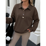 Women Solid Collared Half Button Long Sleeve Polo Sweatshirt