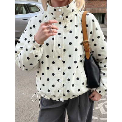 Women Polka Dot Stand Collar Drawstring Cropped Jacket